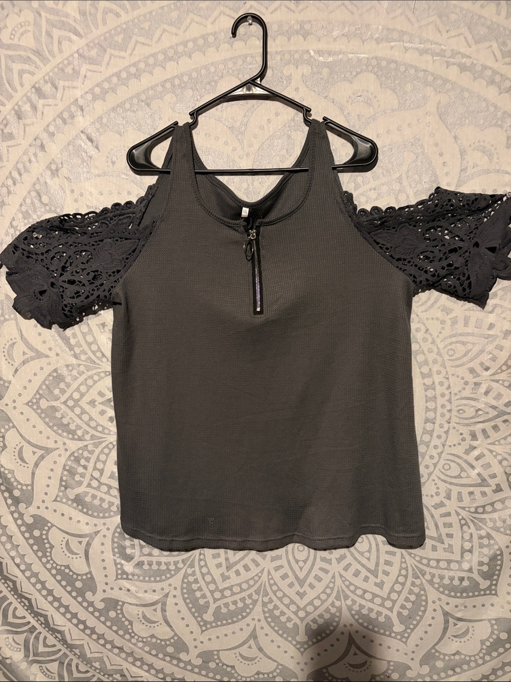 Charcoal Gray Cold Shoulder Crochet Lace Short Sleeve Half Zip Top XXL